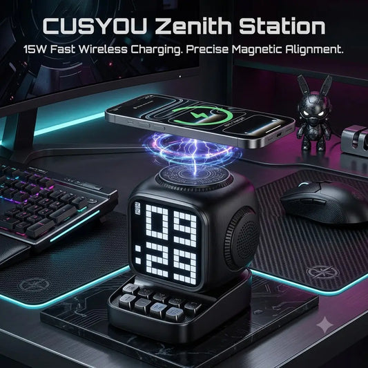 CUSYOU Zenith Station: 5-in-1 Mag-Safe Charging Hub, Hi-Fi Bluetooth Speaker & Sleep Therapy Alarm Clock