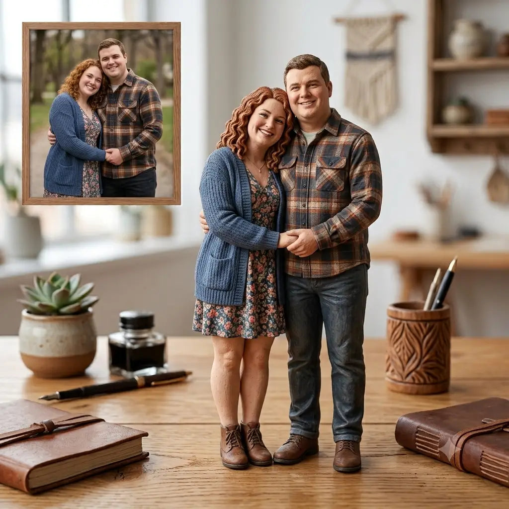 Custom Couple Figurine From Photo, Personalized 3D Statue, Handmade Wedding Anniversary Gift With Wood Base