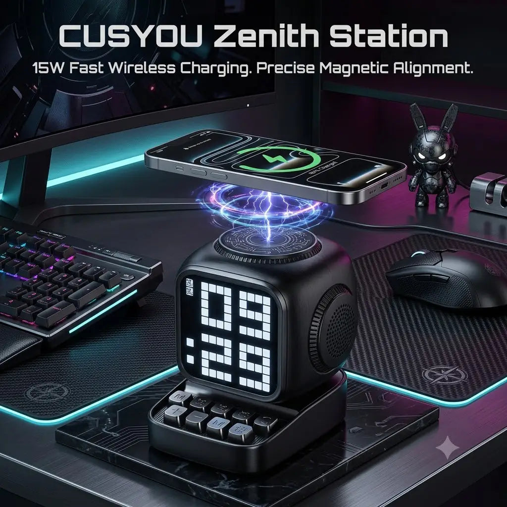 CUSYOU Zenith Station: 5-in-1 Mag-Safe Charging Hub, Hi-Fi Bluetooth Speaker & Sleep Therapy Alarm Clock