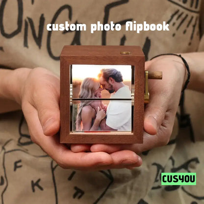 Personalized Photo Flipbook Animation Box, Custom Wooden Photo Book with Light Crank Picture Box Anniversary Birthday Wedding Creative Gifts