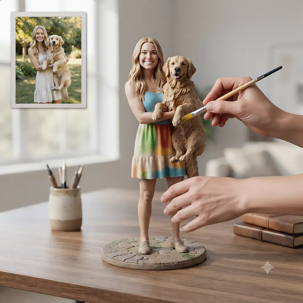 Custom Couple Figurine From Photo, Personalized 3D Statue, Handmade Wedding Anniversary Gift With Wood Base